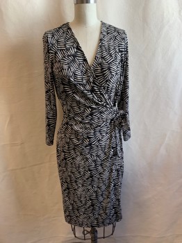Womens, Dress, Long & 3/4 Sleeve, ANNE KLEIN, Black, Off White, Faded Black, Polyester, Elastane, Abstract , S, Wrap Style, V-neck, Long Sleeves, Ties Attached at Left Waist