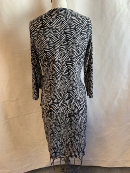 Womens, Dress, Long & 3/4 Sleeve, ANNE KLEIN, Black, Off White, Faded Black, Polyester, Elastane, Abstract , S, Wrap Style, V-neck, Long Sleeves, Ties Attached at Left Waist