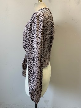 TOP SHOP, Lt Pink, Black, Polyester, Animal Print, Multiple, V-neck, Button Front, Wide Waistband with Attached Tie Front, Long Sleeves with Elastic Cuffs