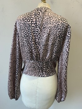 TOP SHOP, Lt Pink, Black, Polyester, Animal Print, Multiple, V-neck, Button Front, Wide Waistband with Attached Tie Front, Long Sleeves with Elastic Cuffs
