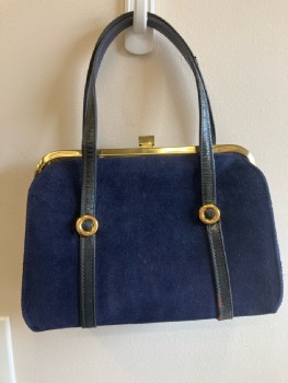 Womens, Purse, TOWN & COUNTRY, OS, Navy Suede with 2 Leather Handles, Gold Hardware