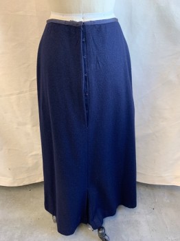 NL, Navy Blue, Wool, Black Grosgrain Waistband, Two Tuck Pleat at Front, Side Tabs with Fabric Covered Buttons, Hook & Eye Back, Floor Length Hem, Inverted Pleat at Back Hem