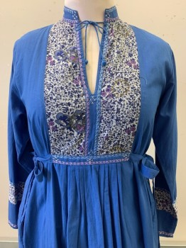 NO LABEL, Blue, White, Purple, Cotton, Floral, Solid, L/S, V Neck with Tie, Side Pockets, Side Ties, Pleated Front