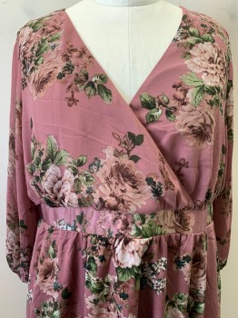 Womens, Dress, Torrid, Mauve Pink, Sage Green, Dusty Pink, Polyester, Silk, Floral, 3X, L/S, V Neck, Crossover, Back Elastic Waist Band, Sheer sleeves,