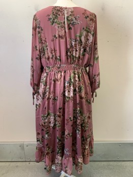 Womens, Dress, Torrid, Mauve Pink, Sage Green, Dusty Pink, Polyester, Silk, Floral, 3X, L/S, V Neck, Crossover, Back Elastic Waist Band, Sheer sleeves,