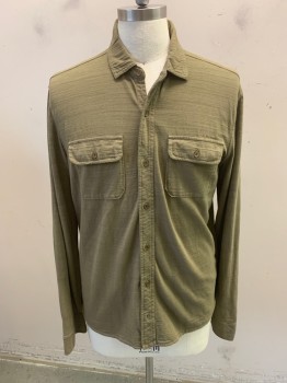 Mens, Casual Shirt, LUCKY BRAND, Olive Green, Cotton, Solid, Heathered, L, Tshirt Knit, Long Sleeves, Button Front, 7 Buttons, 2 Patch Pockets with Button Flaps, Button Cuffs