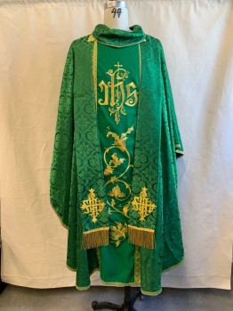 Unisex, Piece 1, N/L, Kelly Green, Gold, Silk, Medallion Pattern, O/S, Christian Chasuble, Green Medallion Jacquard, Gold/Green Ribbon Trim, Rounded Folded Over Neck with Gold Piping, Solid Green Front Panel with Gold Leaf Embroidery, Priest
