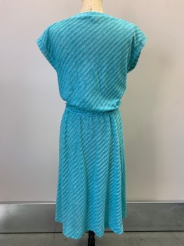 NO LABEL, Lt Blue, Polyester, Stripes - Diagonal , Cap Sleeves, Boat Neck, Elastic Waist Band,  With Matching Belt