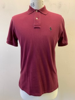 RALPH LAUREN, Red Burgundy, Cotton, Solid, S/S, Collar Attached,,  2 Buttons