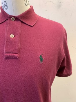 RALPH LAUREN, Red Burgundy, Cotton, Solid, S/S, Collar Attached,,  2 Buttons