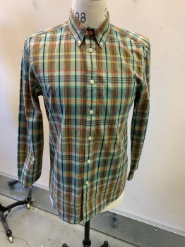 PAUL SMITH, Mint Green, Red, Dk Blue, Yellow, Green, Cotton, Plaid, L/S, Button Down C.A.,