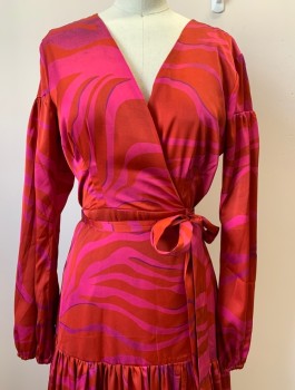 Womens, Evening Gown, HUTCH, Red, Hot Pink, Polyester, Spandex, Swirl , XS, L/S, V Neck, Wrap Around, Pleated