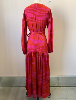 Womens, Evening Gown, HUTCH, Red, Hot Pink, Polyester, Spandex, Swirl , XS, L/S, V Neck, Wrap Around, Pleated