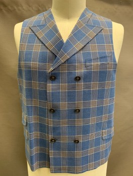 Mens, Suit, Vest, TIGLIO ROSSO, Cornflower Blue, Cream, Navy Blue, Wool, Plaid, 48, Vest, Double Breasted, Peaked Lapel, 4 Pockets, Gray Lining and Back, Self Belt at Back Waist