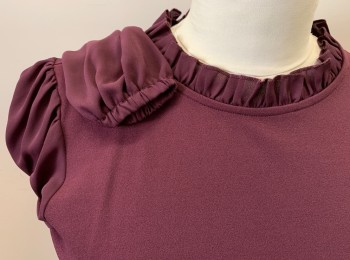 ANN TAYLOR, Red Burgundy, Polyester, Spandex, Solid, Round Ruffled Collar, Puff Sleeve, Elastic Wrist, Back Slit & Button Closure