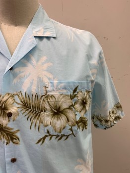 ALI'I FASHIONS, Baby Blue, White, Dk Khaki Brn, Cotton, Hawaiian Print, S/S, Button Front, Collar Attached, Chest Pocket