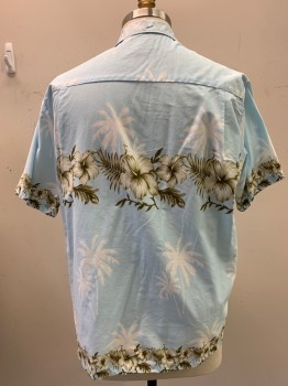 ALI'I FASHIONS, Baby Blue, White, Dk Khaki Brn, Cotton, Hawaiian Print, S/S, Button Front, Collar Attached, Chest Pocket