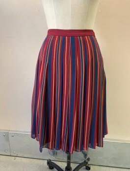 Womens, Skirt, Knee Length, ANN TAYLOR, Maroon Red, Navy Blue, Mustard Yellow, Polyester, Stripes - Vertical , W:28, Sz.0, Chiffon, Pleated, Solid Maroon Waistband, Invisible Zipper at Side