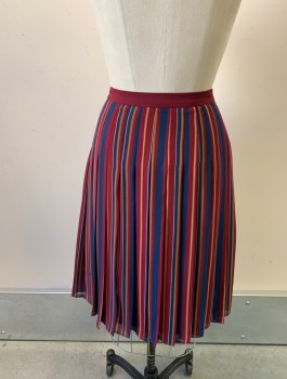 Womens, Skirt, Knee Length, ANN TAYLOR, Maroon Red, Navy Blue, Mustard Yellow, Polyester, Stripes - Vertical , W:28, Sz.0, Chiffon, Pleated, Solid Maroon Waistband, Invisible Zipper at Side