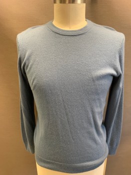 Mens, Pullover Sweater, THEORY, French Blue, Cashmere, Solid, L, L/S, CN, Ribbed Shoulders