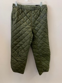Mens, Sci-Fi/Fantasy Pants, MTO, Olive Green, Synthetic, Solid, 32/26, Velcro Fly, Elastic Waistband, Velcro Closure On Right Hip, Bttn Tab At Right Waistband, Velcro Closure On Side Of Legs, Black Elastic Suspenders, Quilted, Aged/Distressed,