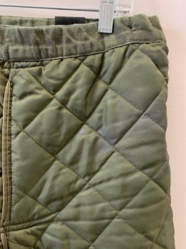 MTO, Olive Green, Synthetic, Solid, Velcro Fly, Elastic Waistband, Velcro Closure On Right Hip, Bttn Tab At Right Waistband, Velcro Closure On Side Of Legs, Black Elastic Suspenders, Quilted, Aged/Distressed,