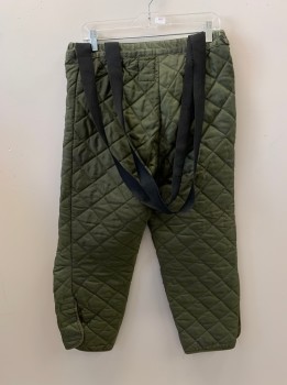 Mens, Sci-Fi/Fantasy Pants, MTO, Olive Green, Synthetic, Solid, 32/26, Velcro Fly, Elastic Waistband, Velcro Closure On Right Hip, Bttn Tab At Right Waistband, Velcro Closure On Side Of Legs, Black Elastic Suspenders, Quilted, Aged/Distressed,