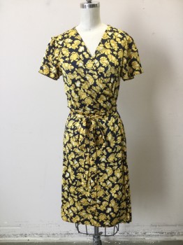 Womens, Dress, Short Sleeve, BANANA REPUBLIC, Navy Blue, Yellow, White, Polyester, Floral, Xs, Wrap Style, Short Sleeves, Cross Over V.neck, , Skirt Pleated to Waist