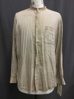 PIERRE CARDIN, Lt Brown, Cotton, Linen, Heathered, Button Front, Collar Band, Long Sleeves, 1 Pocket, Aged