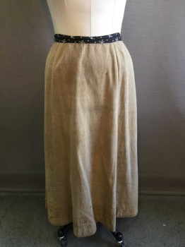 N/L, Tan Brown, Black, Cream, Cotton, Solid, Floral, Tan Twill, with Black & Cream Floral Cotton 1" Wide Waistband, Gathered At Center Back Waist, Floor Length Hem, **Has A Significant Number Of Stains, and Some Holes As Well.