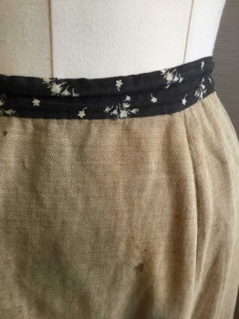 N/L, Tan Brown, Black, Cream, Cotton, Solid, Floral, Tan Twill, with Black & Cream Floral Cotton 1" Wide Waistband, Gathered At Center Back Waist, Floor Length Hem, **Has A Significant Number Of Stains, and Some Holes As Well.