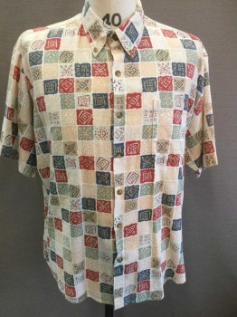 SUMMA, Multi-color, Tan Brown, Red, Navy Blue, Sea Foam Green, Linen, Rayon, Novelty Pattern, Geometric, Abstract Funky Squares Pattern with Tribal Patterns, Short Sleeve Button Front, Button Down Collar, 1 Pocket