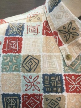 SUMMA, Multi-color, Tan Brown, Red, Navy Blue, Sea Foam Green, Linen, Rayon, Novelty Pattern, Geometric, Abstract Funky Squares Pattern with Tribal Patterns, Short Sleeve Button Front, Button Down Collar, 1 Pocket