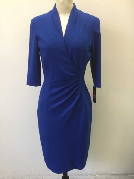 Womens, Dress, Long & 3/4 Sleeve, TAHARI, Royal Blue, Polyester, Spandex, Solid, 2, Crepe, 3/4 Sleeves, Wrapped V-neck, with Gathered/Ruched Detail at Seam, Sheath Fit, Hem Below Knee, Invisible Zipper at Center Back
