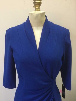 Womens, Dress, Long & 3/4 Sleeve, TAHARI, Royal Blue, Polyester, Spandex, Solid, 2, Crepe, 3/4 Sleeves, Wrapped V-neck, with Gathered/Ruched Detail at Seam, Sheath Fit, Hem Below Knee, Invisible Zipper at Center Back