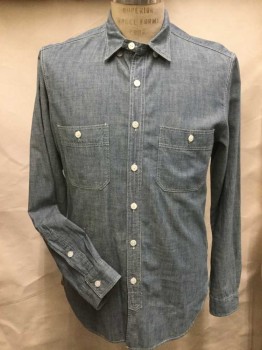 J.CREW, Lt Blue, Cotton, Heathered, Heather Light Blue Chambray with Double White Top Stitches, Collar Attached, Button Front, Long Sleeves, 2 Pockets