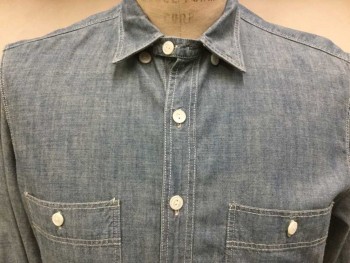 J.CREW, Lt Blue, Cotton, Heathered, Heather Light Blue Chambray with Double White Top Stitches, Collar Attached, Button Front, Long Sleeves, 2 Pockets