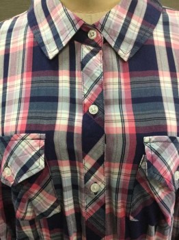 Womens, Blouse, RAILS, Navy Blue, Pink, White, Gray, Cotton, Rayon, Plaid, S, Navy/pink,white,gray Plaid, Collar Attached, Button Front, 2 Pockets W/flap, Long Sleeves,
