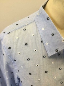 J CREW, Lt Blue, Black, White, Cotton, Dots, Embroidered Dots Look Like Eyes, B.F., C.A., L/S,