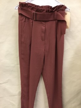 Womens, Slacks, MOON RIVER, Rose Pink, Polyester, Solid, S, Single Pleat, Zip Front, Ruffle Topped Wide Waistband, Belt Loops, Matching Quilted Buckle Belt, 4 Pockets, Tapered