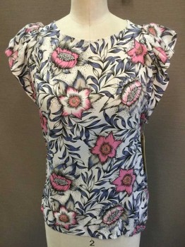 H & M, White, Black, Pink, Purple, Tan Brown, Viscose, Polyester, Floral, White W/large Pink, Peach, Slate Purple, Tan, Black Outline Flower Print, Round Neck,  Ruffle Cap Sleeves, Pullover, Key Hole Back