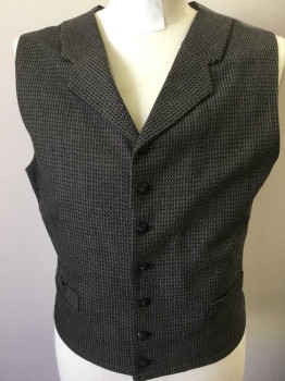 Mens, Historical Fiction Vest, MTO, Gray, Taupe, Black, Wool, Synthetic, Novelty Pattern, 40, Fabric is a Novelty Stripes See Photo Attached, 7 Eagle Buttons,  2 Pockets, Notched Lapel, Solid Grey Back with Adjustable Belt, Victorian, 1800's