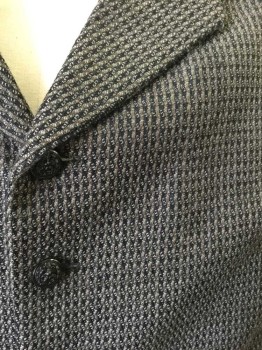 Mens, Historical Fiction Vest, MTO, Gray, Taupe, Black, Wool, Synthetic, Novelty Pattern, 40, Fabric is a Novelty Stripes See Photo Attached, 7 Eagle Buttons,  2 Pockets, Notched Lapel, Solid Grey Back with Adjustable Belt, Victorian, 1800's