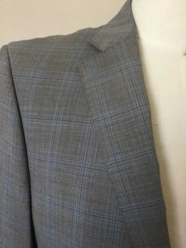 Mens, Suit, Jacket, TALLIA, Lt Gray, Lt Blue, Blue, Wool, Plaid, 42R, Lt Gray Background with Lt Blue/Lt Gray/Blue Plaid Stripes, Hand Picked Collar/Lapel, Collar Attached, Notched Lapel, Single Breasted, 3 Pockets, 2 Buttons