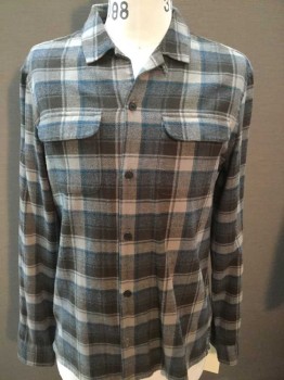 ALL SAINTS, Dk Brown, French Blue, Khaki Brown, Cotton, Plaid, Flannel, Long Sleeves, Button Front, 2 Pockets, Collar Attached,