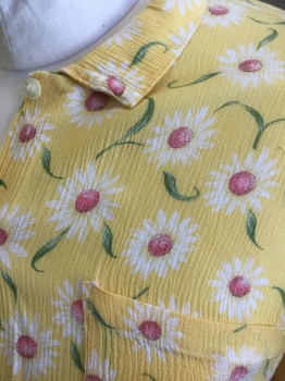 BLUE MINT, Yellow, White, Green, Coral Pink, Rayon, Floral, Green Leaves, Crinkled Gauze Material, S/S, Button Front, CA, 1 Patch Pocket on Chest,