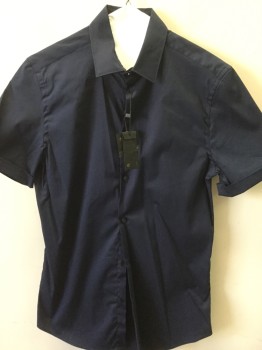 ZARA, Navy Blue, Cotton, Polyester, Solid, Collar Attached, Button Front, Short Sleeves,