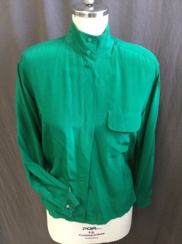 PAUL STANLEY, Green, Silk, Solid, Mock Neck with 2 Self Cover Green Button, Hidden Button Front, Long Sleeves, 1 Pocket with Flap, Curved Hem (little Brown Stained Next to Pocket)