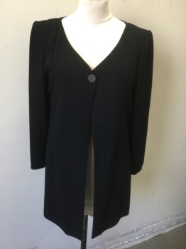 ELLEN TRACY, Black, Rayon, Acetate, Solid, Long Sleeves, 1 Button, No Lapel, V-neck, Below Hip Length, with Slits at Side Seam Hems, Heavily Padded Shoulders, Late 1980's/Early 1990's