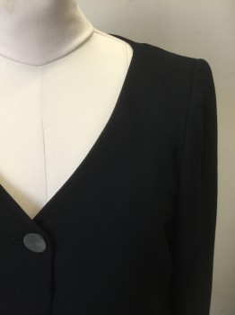 Womens, 1990s Vintage, Suit, Jacket, ELLEN TRACY, Black, Rayon, Acetate, Solid, B:40", Long Sleeves, 1 Button, No Lapel, V-neck, Below Hip Length, with Slits at Side Seam Hems, Heavily Padded Shoulders, Late 1980's/Early 1990's